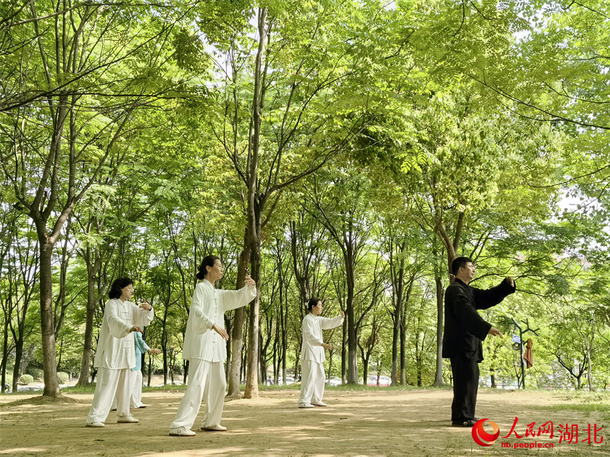 4月27日，市民在汉江湾体育公园里练习太极拳。人民网记者 周雯摄